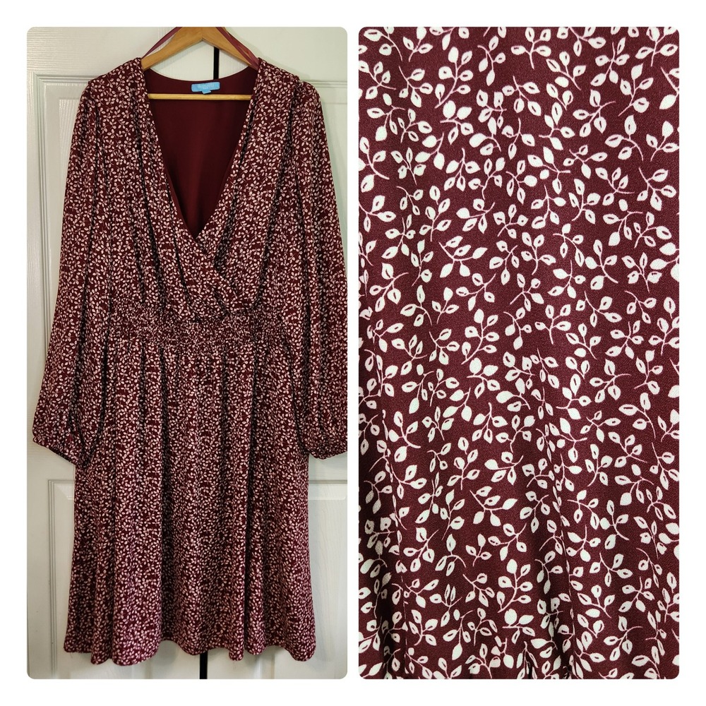 Draper James RSVP Burgundy‎ Leaf Print Smocked Waist Dress 3X Cottagecore Floral